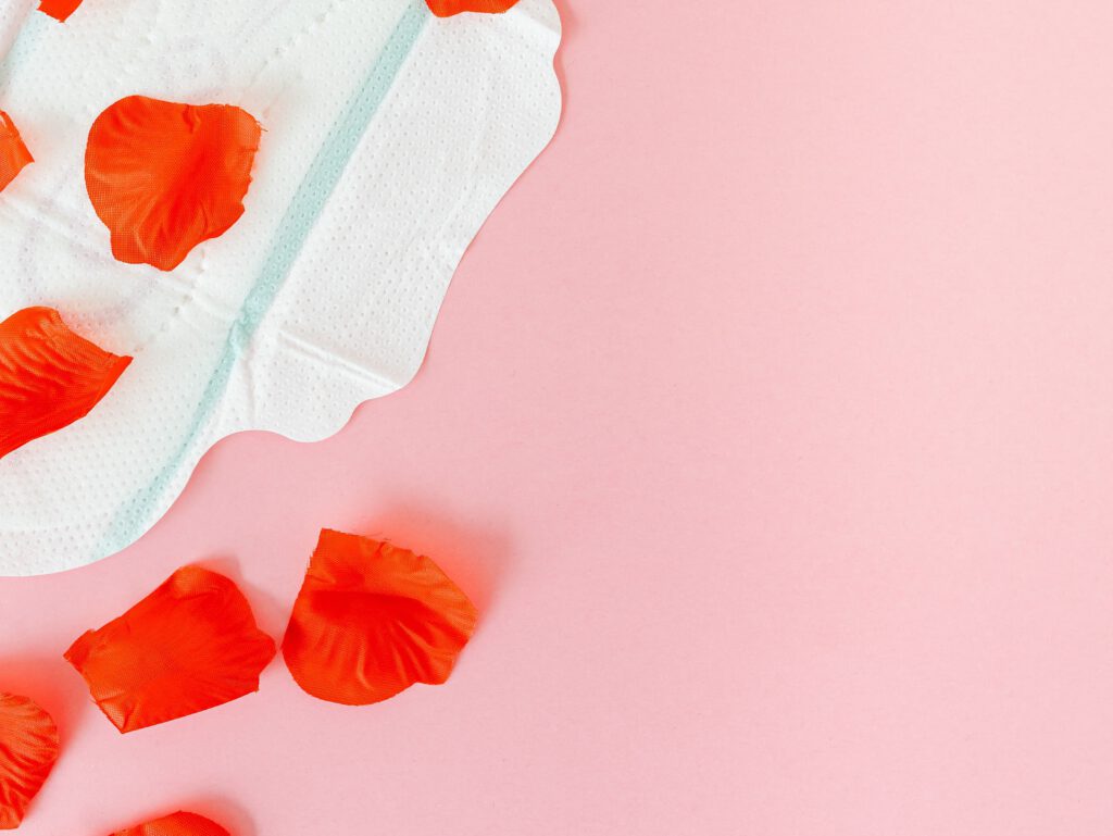 A sanitary pad surrounded by red petals on a pastel pink surface, symbolizing menstruation.